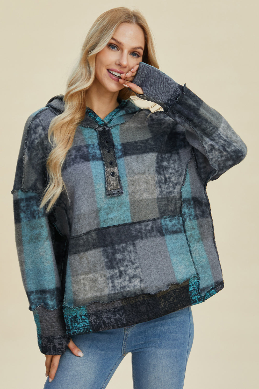 Multicolor Plaid Dropped Shoulder Hoodie