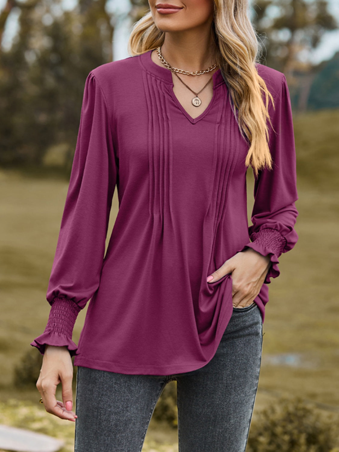 Ruched Notched Long Sleeve Blouses | Trendy Blouses | Fall Blouses