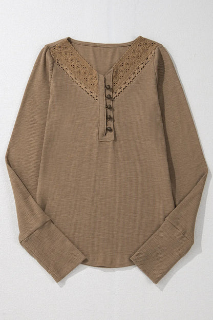 Eyelet Beige V-Neck Long Sleeve Top