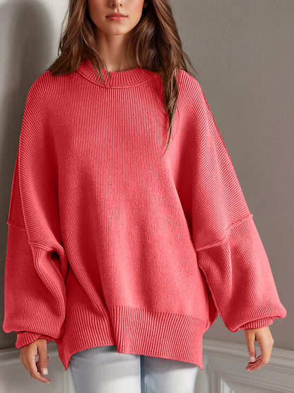 Oversized Side Slit Round Neck Long Sleeve Sweater