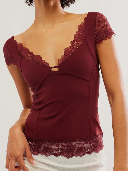 Lace Detail V-Neck Cap Sleeve Top | Lace Blouse | Casual Tops