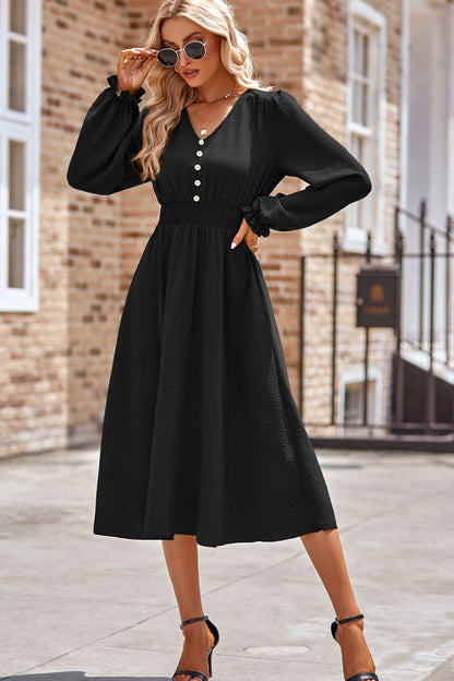 Smocked V-Neck Flounce Sleeve Midi Dress | Casual Dress