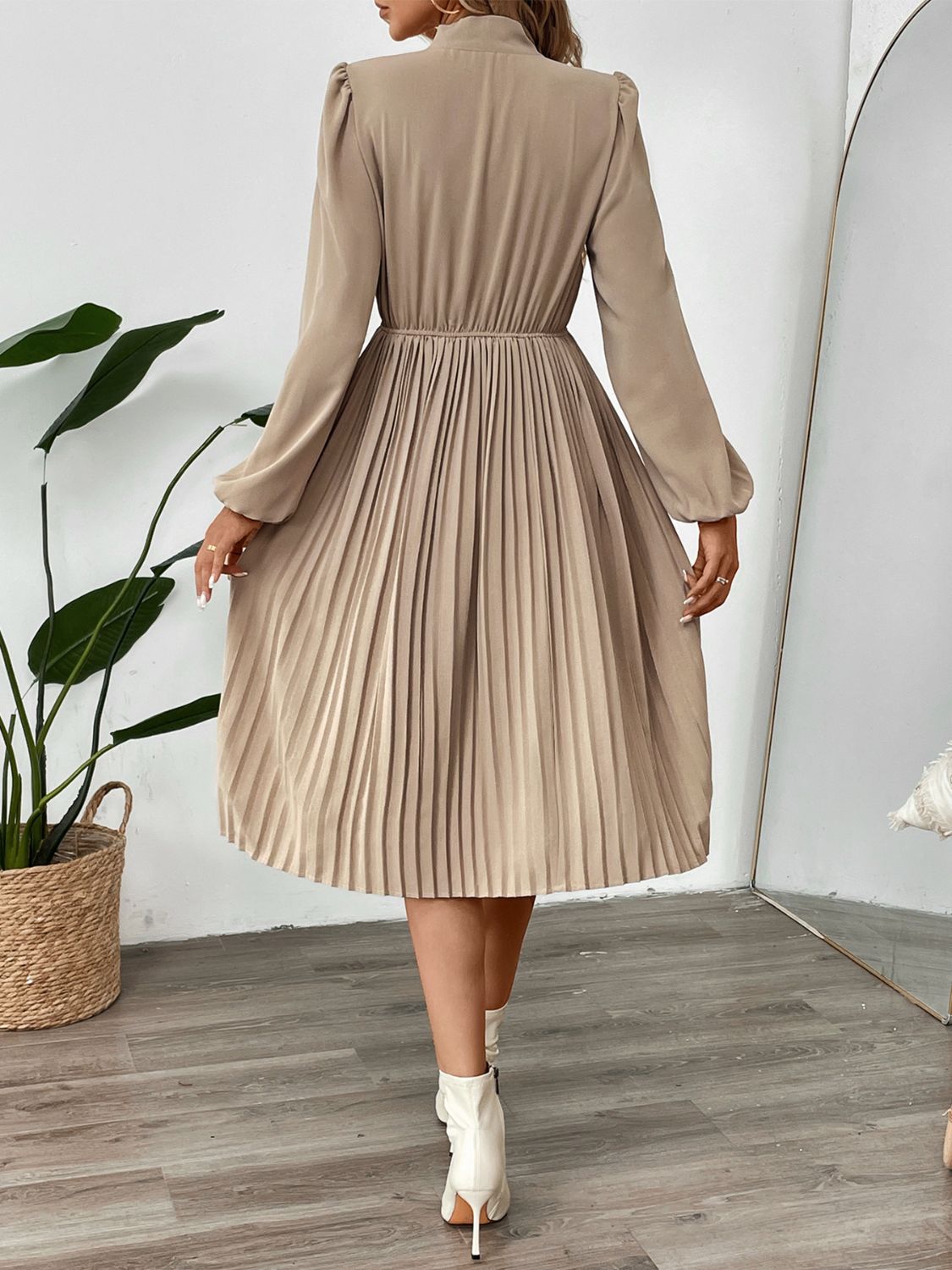 Beige Pleated Tie Neck Long Sleeve Dress | Casual Dress | Fall Fashion