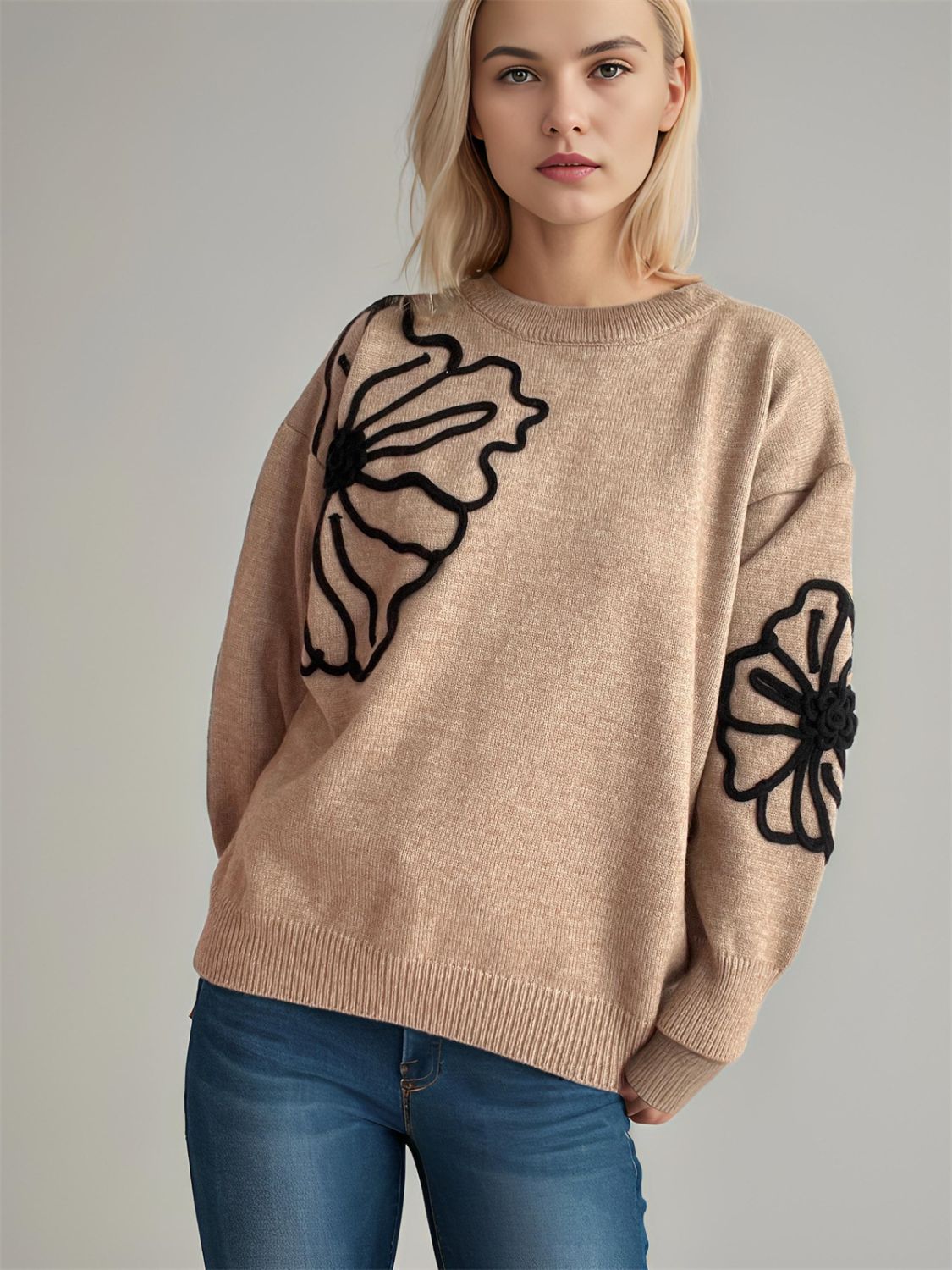 Flower Round Neck Long Sleeve Sweater | Winter Fashion