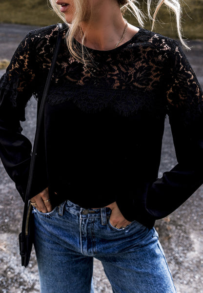 Black Lace Detail Round Neck Long Sleeve Blouse | Casual Tops | Boho Blouses