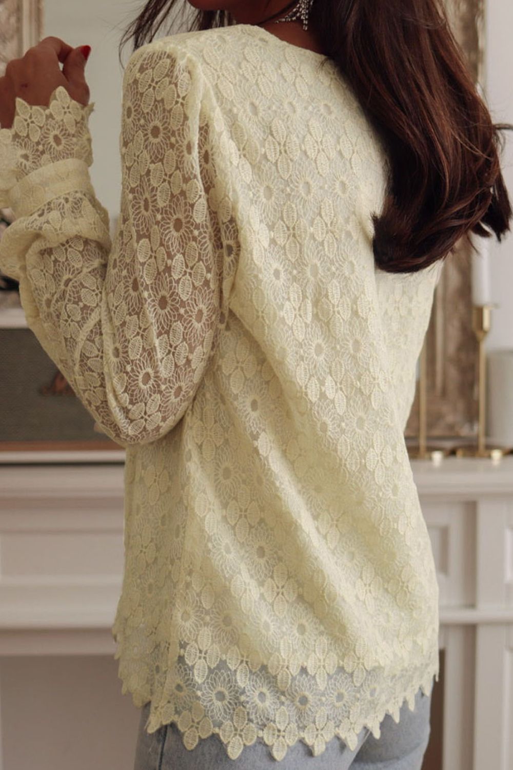 Cream Lace Detail V-Neck Long Sleeve Blouse | Casual Fashion