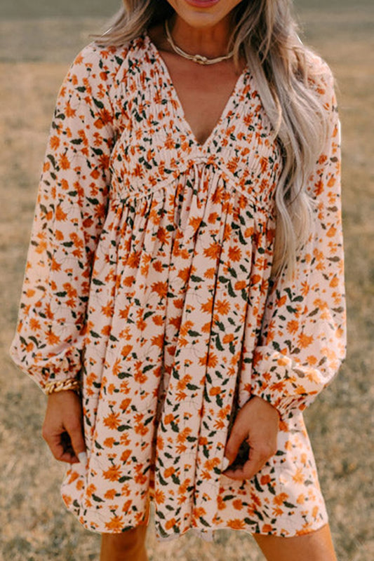 Smocked Printed V-Neck Long Sleeve Dress | Spring Dresses