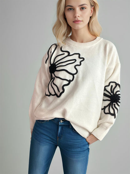 Flower Round Neck Long Sleeve Sweater | Winter Fashion