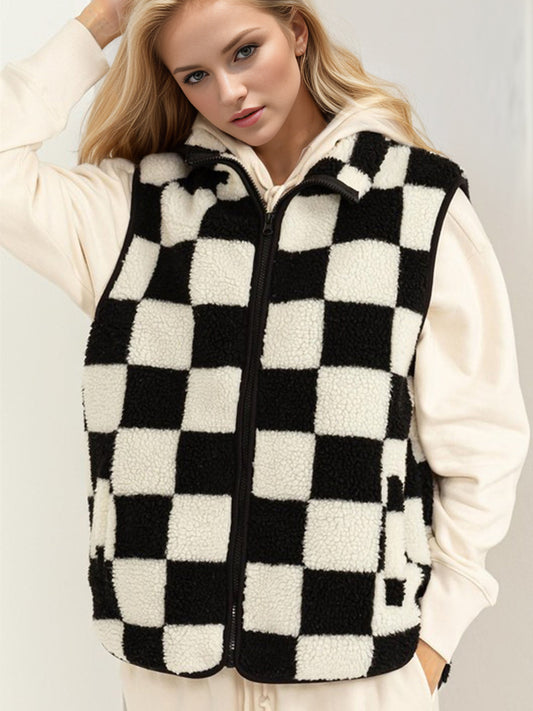 Fuzzy Zip Up Checkered Vest Coat