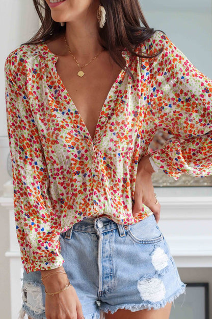 Floral Printed Notched Long Sleeve Shirt | Spring Blouses