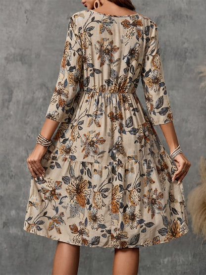 Floral Printed Round Neck Three-Quarter Sleeve Dress | Fall Dresses