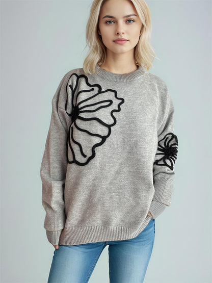 Flower Round Neck Long Sleeve Sweater | Winter Fashion