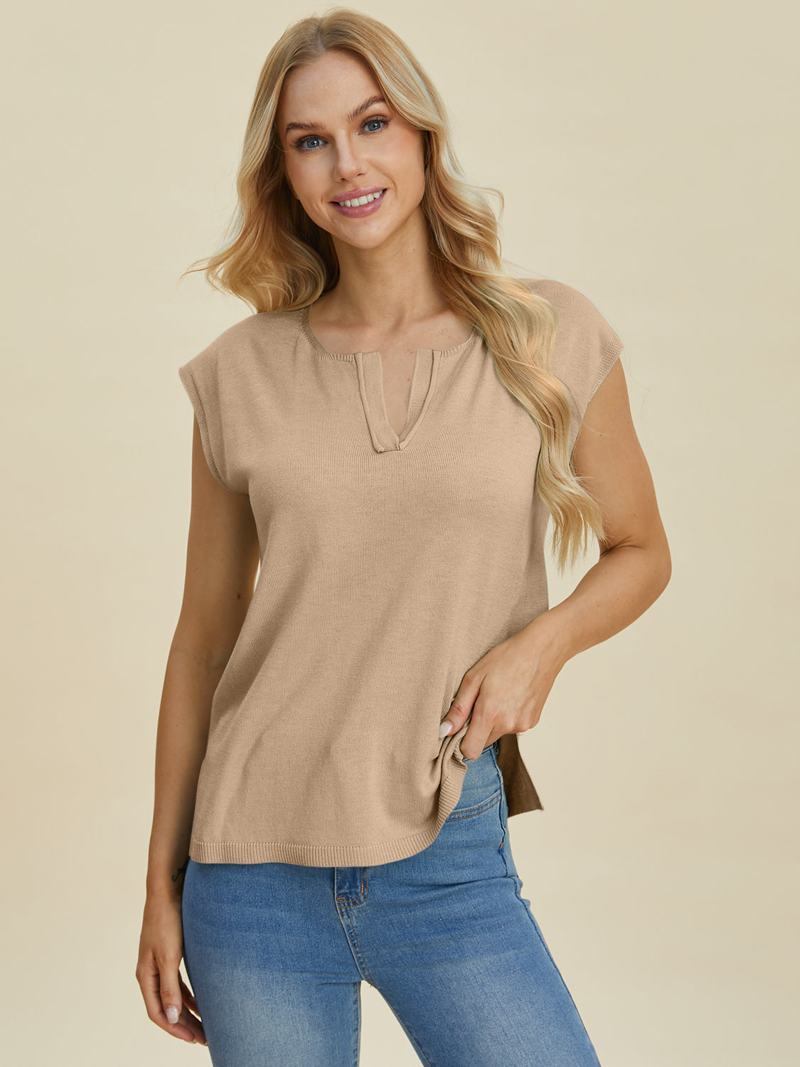 Notched Cap Sleeve Casual Knit Top | Basics | Everyday Fashion