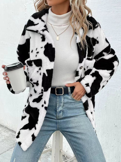 Cow Print Collared Neck Button Up Fuzzy Jacket | Winter Fashion | Trending Jackets