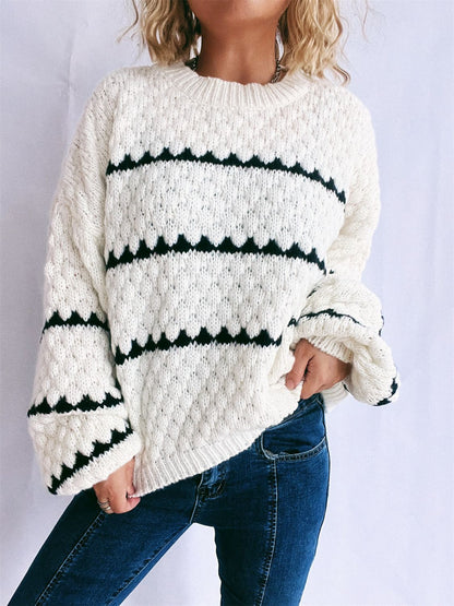 Contrast Stripes Round Neck Long Sleeve Sweater | Winter Fashion | Cozy Weaher