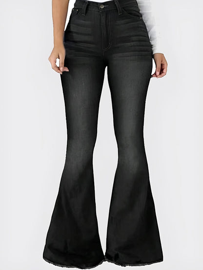 Black Raw Hem Flare Jeans with Pockets