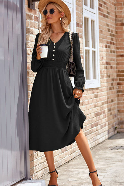 Smocked V-Neck Flounce Sleeve Midi Dress | Casual Dress