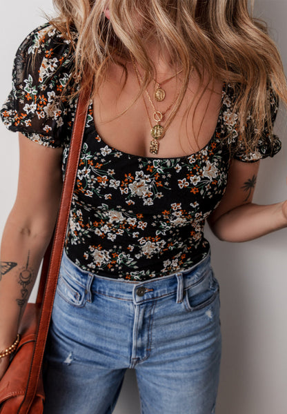 Black Floral Printed Scoop Neck Short Sleeve Bodysuit | Spring Blouses