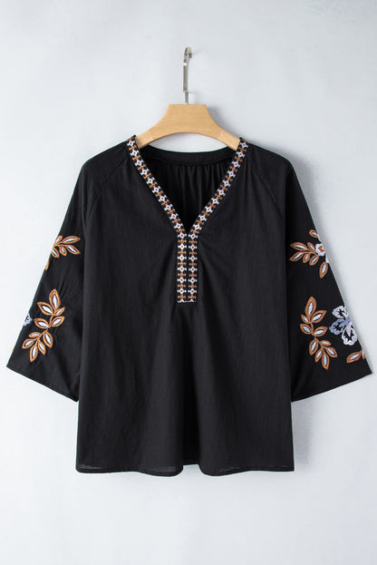 Black Embroidered V-Neck Three-Quarter Sleeve Blouse | Spring Blouses