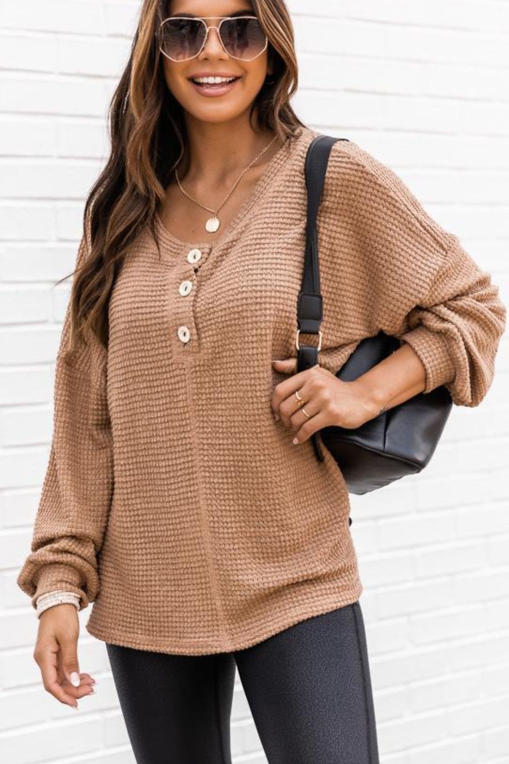 Slit Waffle Knit Long Sleeve T-Shirt | Winter Fashion | Casual Tops