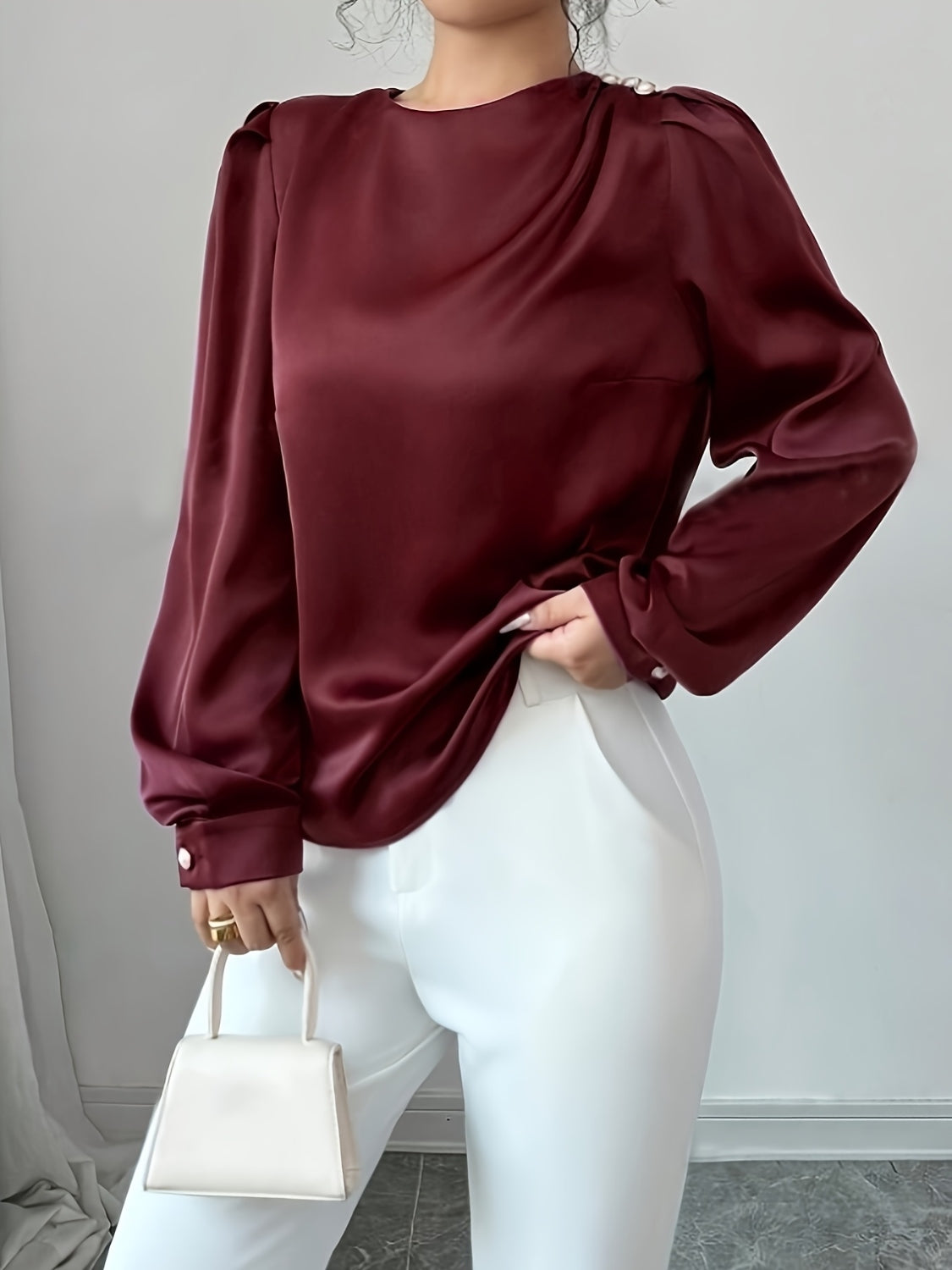 Burgundy Ruched Round Neck Long Sleeve Blouse | Christmas Party | Holiday Blouse