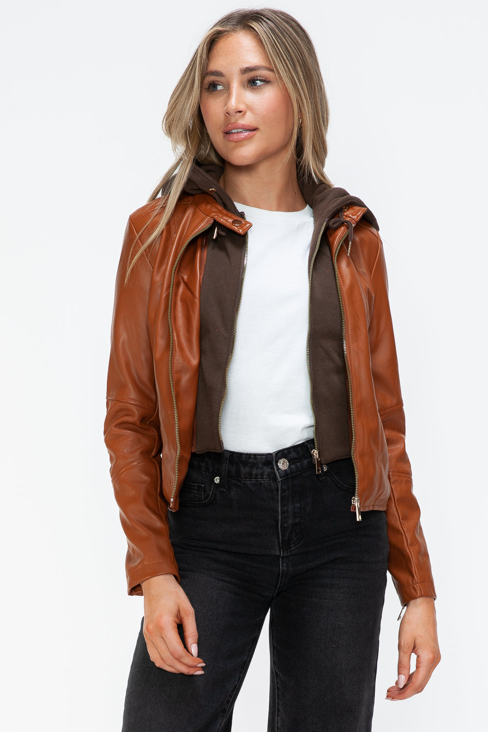 Synthetic Leather Biker Jacket with Side Zip Pockets | Winter Jacket | Drawstring Hooded Jacket