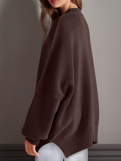 Oversized Side Slit Round Neck Long Sleeve Sweater