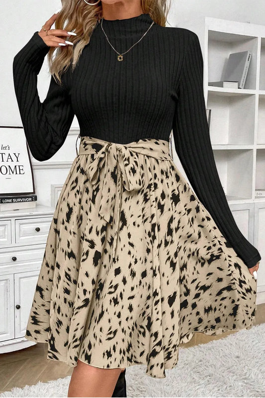 Tied Printed Mock Neck Long Sleeve Dress | Fall Dresses | Casual Dresses