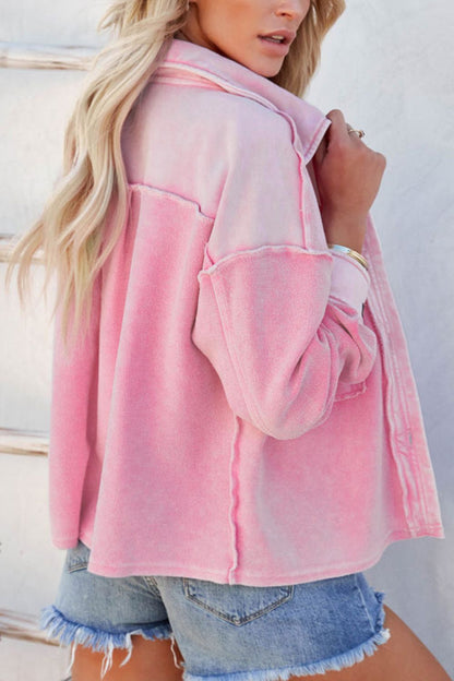 Pink Exposed Seam Collared Neck Drop Shoulder Jacket