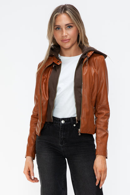 Synthetic Leather Biker Jacket with Side Zip Pockets | Winter Jacket | Drawstring Hooded Jacket