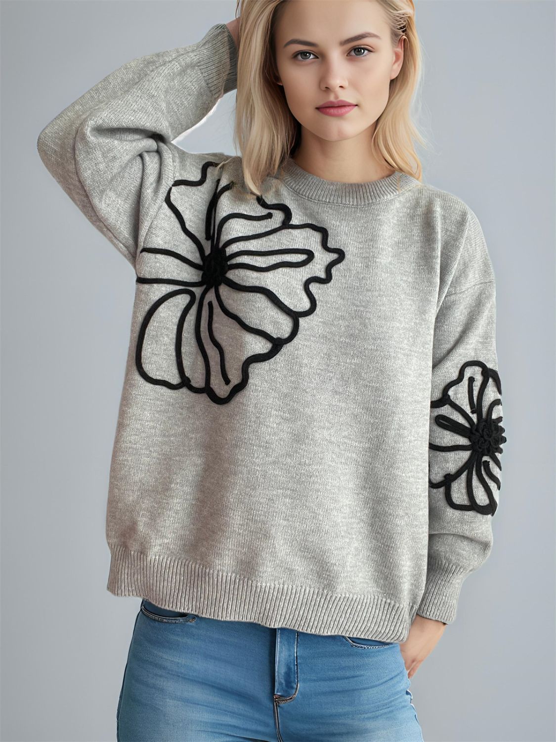 Flower Round Neck Long Sleeve Sweater | Winter Fashion