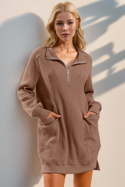 Waffle Knit Long Sleeve Mini Dress with Pockets | Casual Dresses