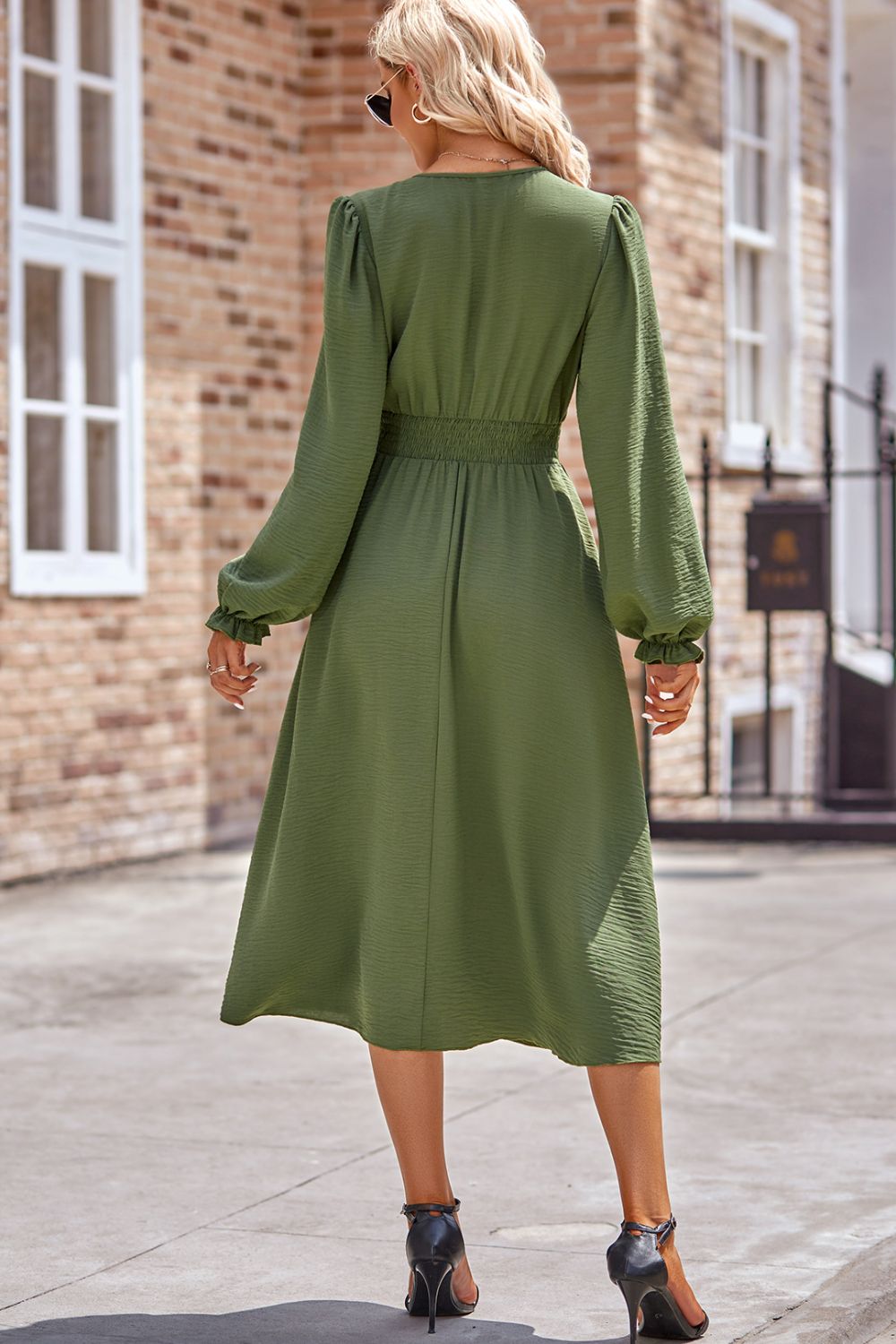 Smocked V-Neck Flounce Sleeve Midi Dress | Casual Dress