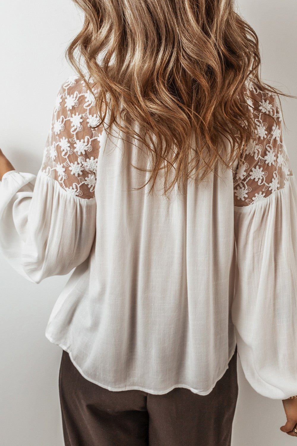 White Lace Tie Neck Long Sleeve Blouse