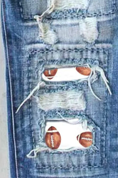 Distressed Football Sequin Straight Leg Jeans