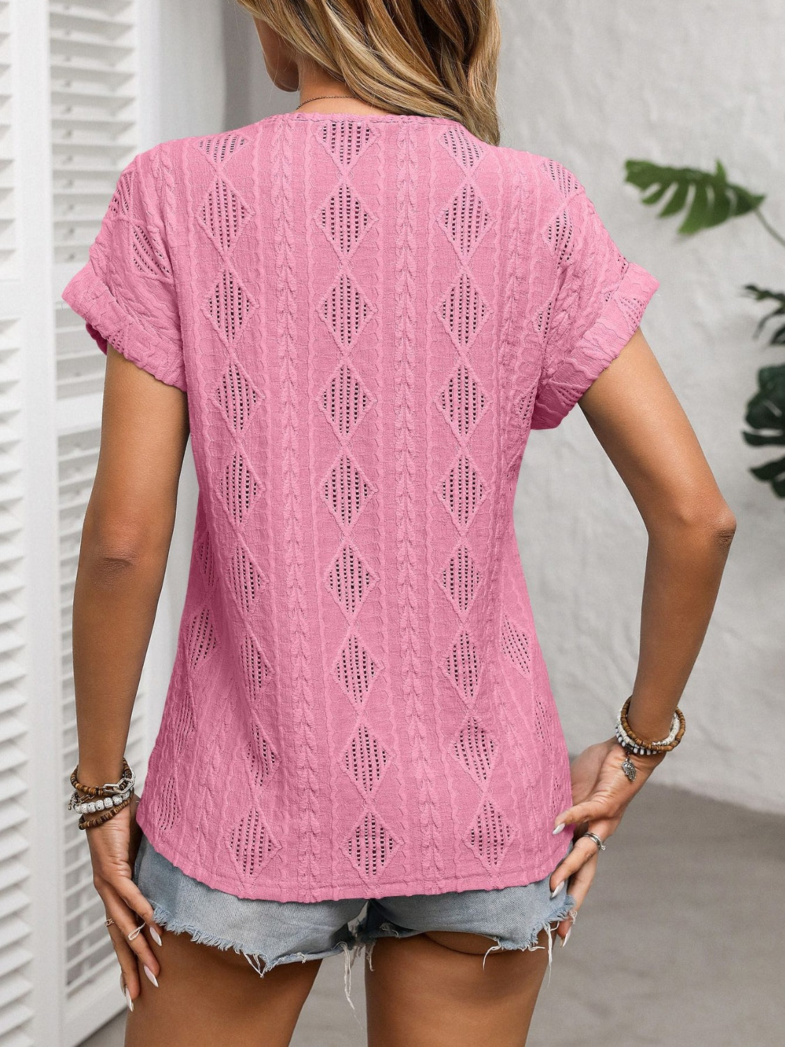 Openwork V-Neck Short Sleeve T-Shirt | Spring Blouse