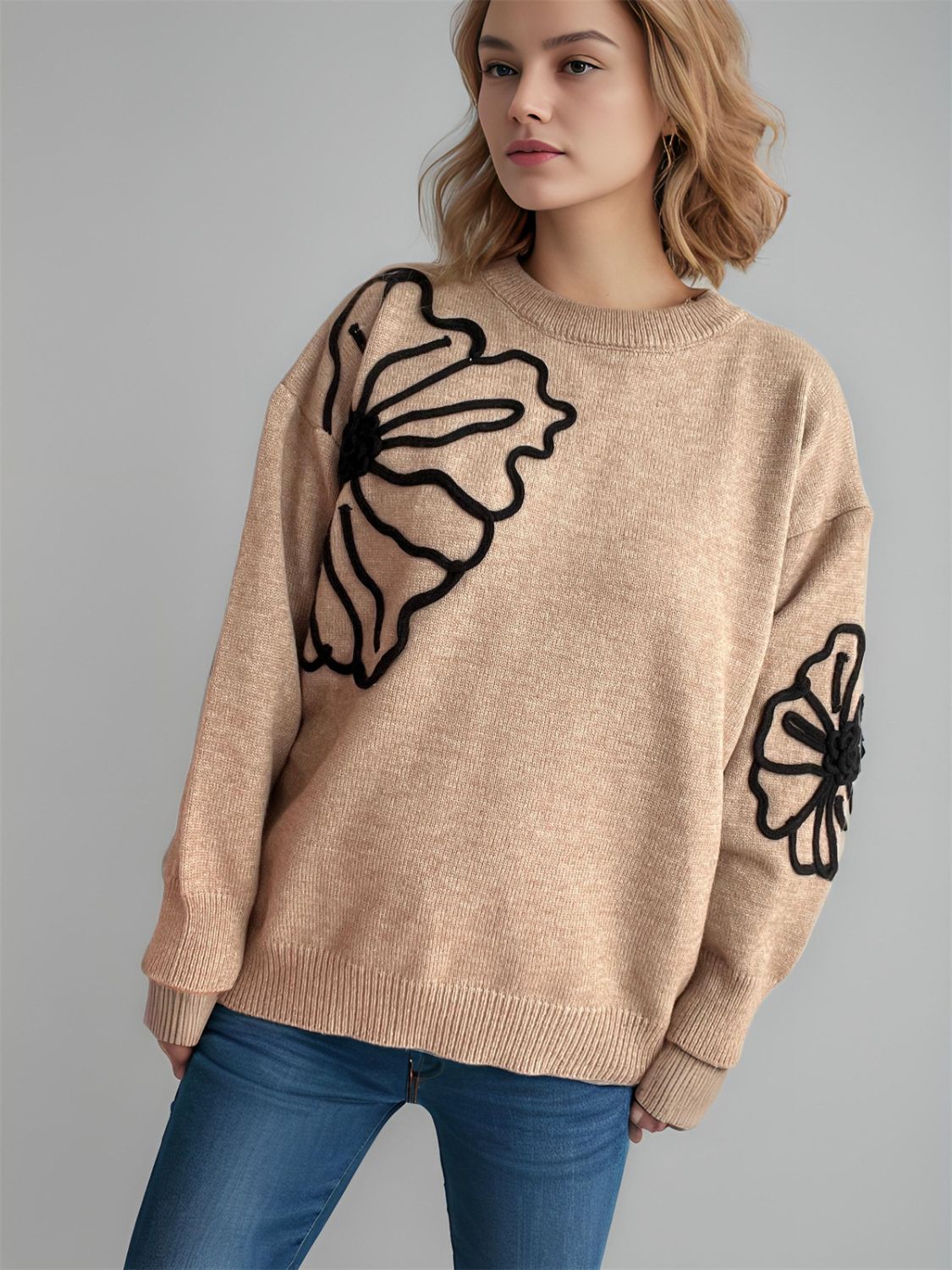 Flower Round Neck Long Sleeve Sweater | Winter Fashion